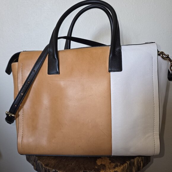 Coach Bleecker Riley 30150 Colorblock Leather Satchel Tote Bag Tan Black White - Picture 14 of 16